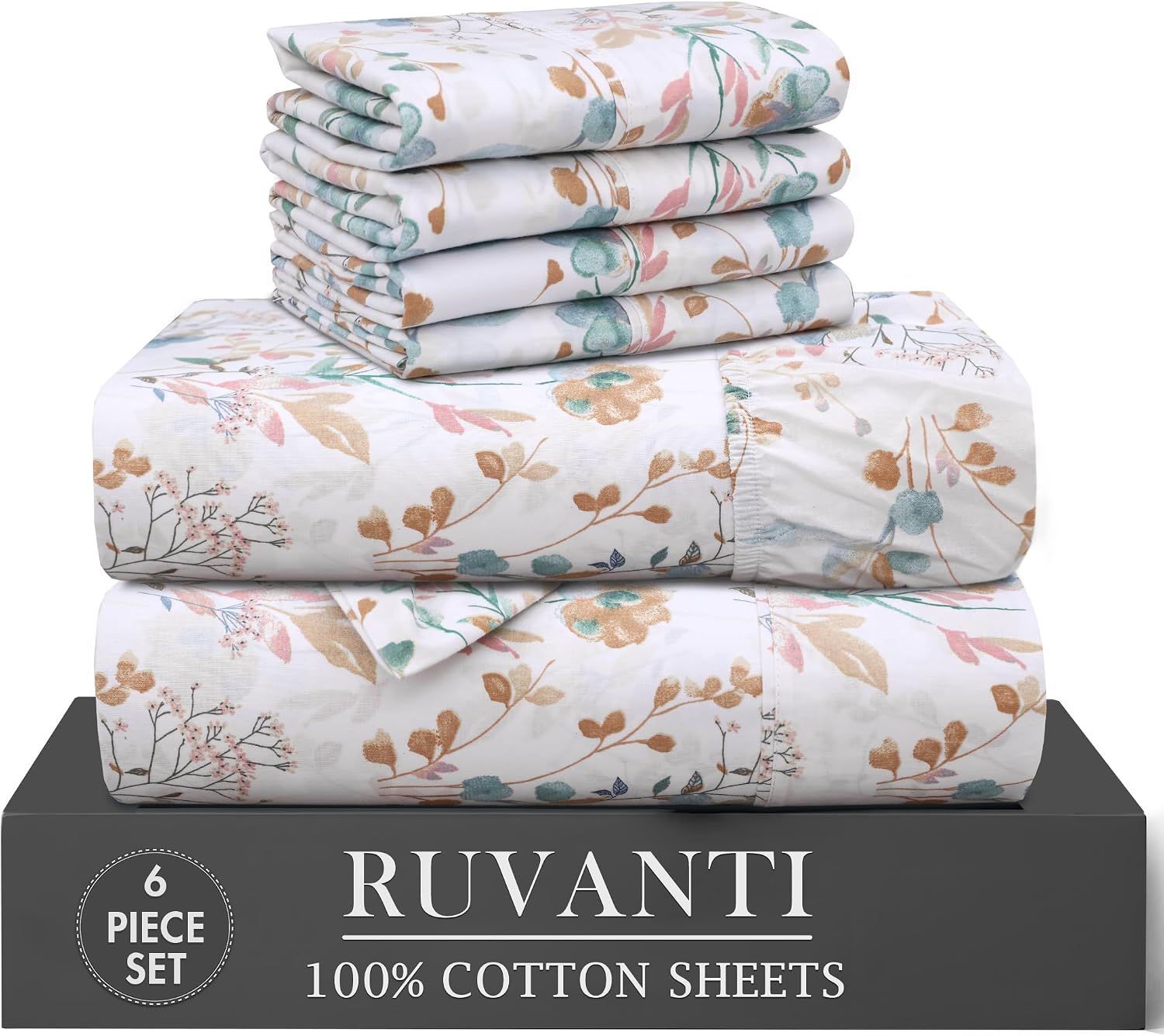 Ruvanti 100% Cotton Percale Sheets California King Size 6 Piece Set, Cooling Bed Sheets for Hot Sleepers, Deep Pocket 14”, Breathable Light…