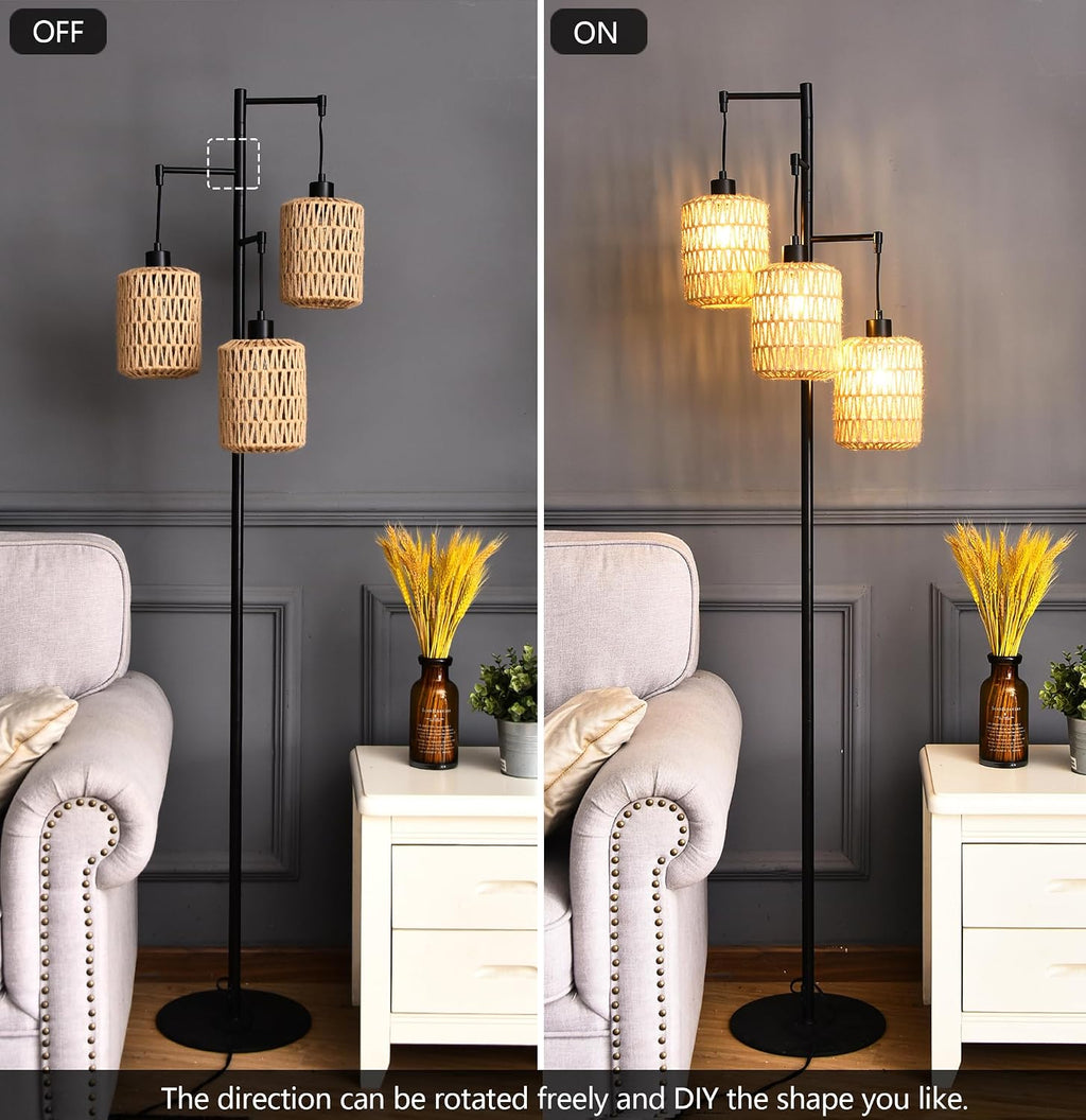 QIYIZM Floor Lamp for Living Room, Bedroom,3-Lights Boho Rattan Tree Floor Lights, Industrial Black Farmhouse Standing Lamp Wicker Rustic…
