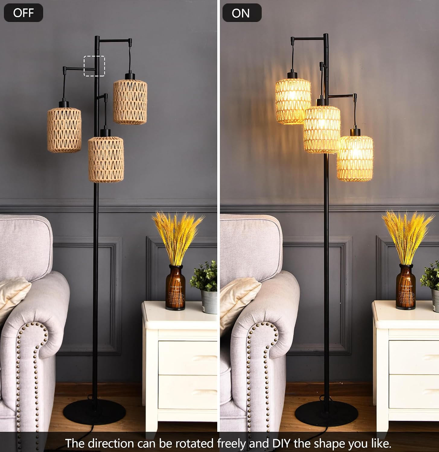 QIYIZM Floor Lamp for Living Room, Bedroom,3-Lights Boho Rattan Tree Floor Lights, Industrial Black Farmhouse Standing Lamp Wicker Rustic…