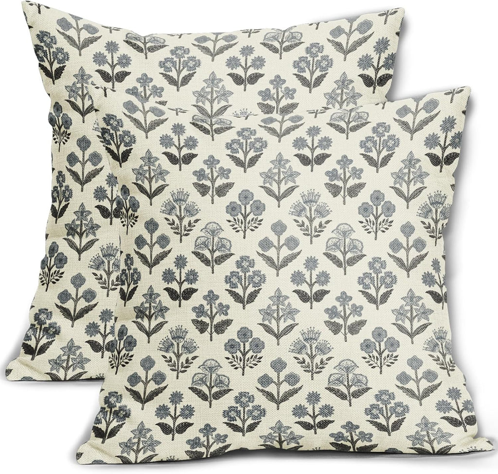 Black Dusty Blue Floral Pillow Covers 18x18 Inch Set of 2, Vintage Flower Block Print Pattern Decorative Throw Pillowcases Outdoor…