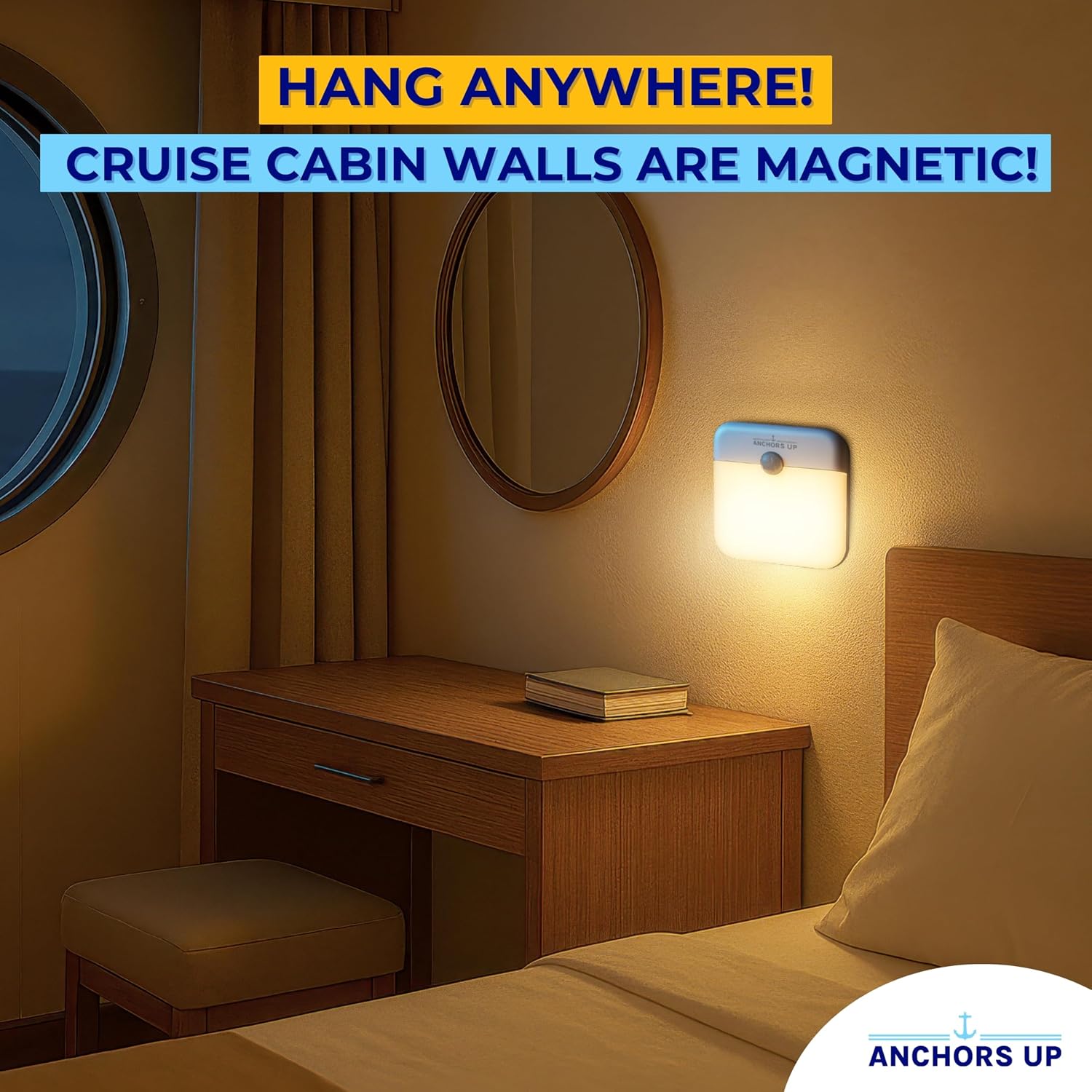 Cruise Cabin Magnetic Night Light with Motion Sensor USB Rechargeable – LED Motion Sensor Light – Warm White – for Carnival, Royal…