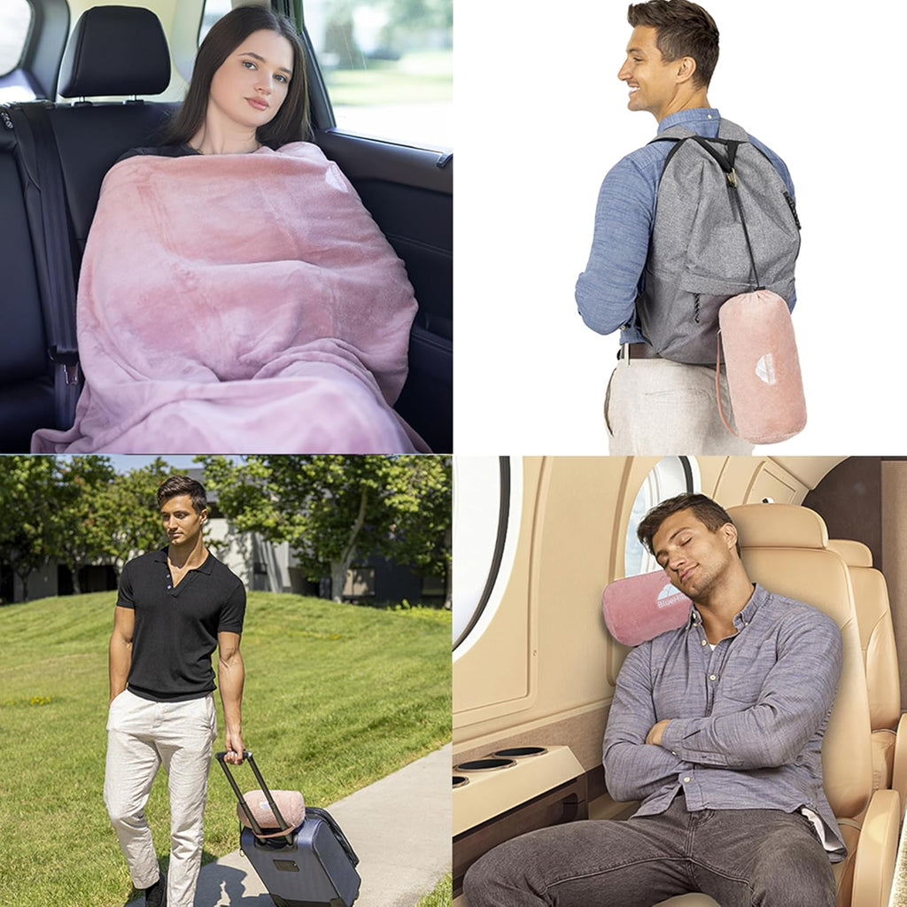 BlueHills Travel Blanket Pillow Rolled Premium Soft Plush Airplane Throw Traveling Gifts Compact in a Bag 70 X 48 inches Long Plane…