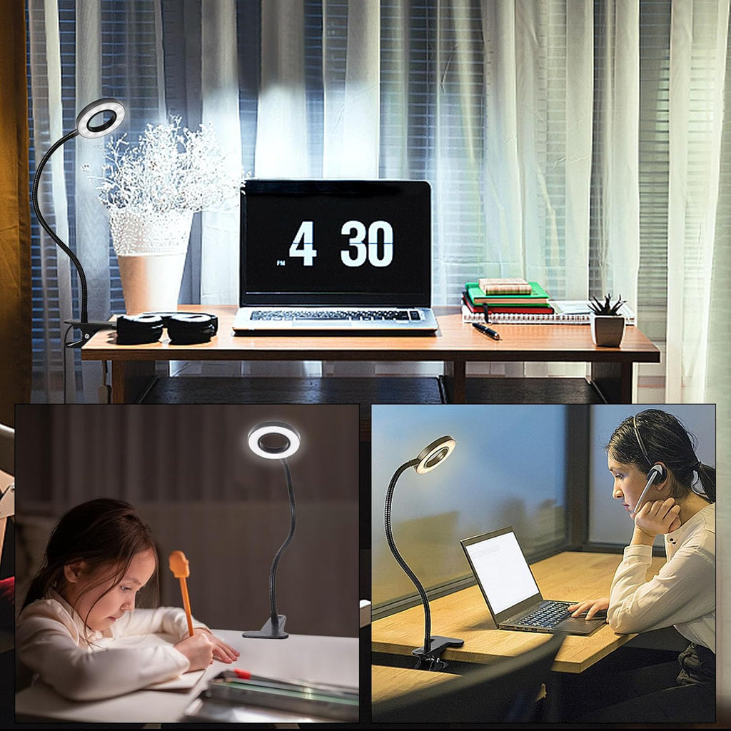 Woputne Desk Clip on Lamp for Reading Home Office, with 5V 2A Adapter, 10 Dimmable Brightness 3 Modes, Clamp Reading Light for Bed…