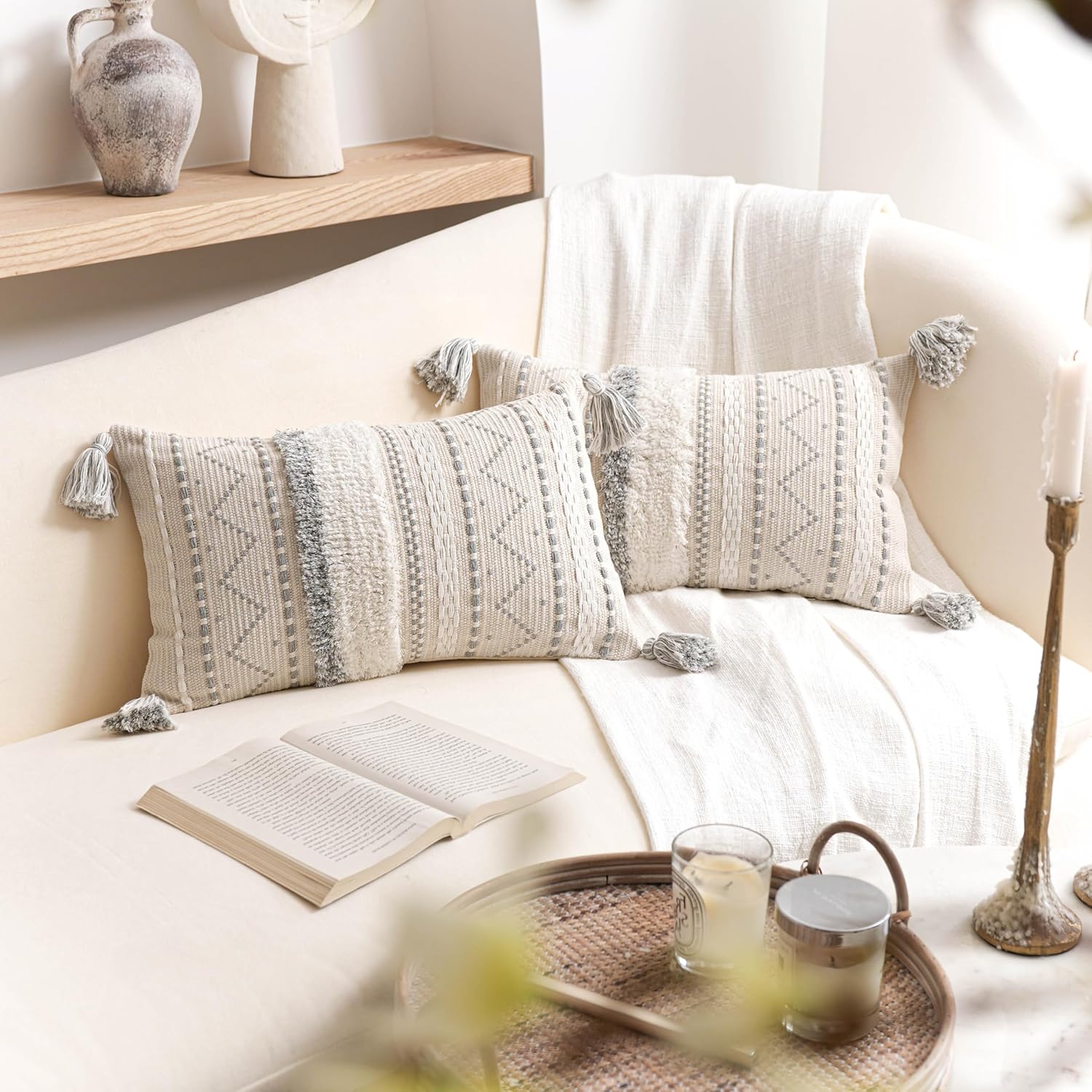 BlissBlush 12x20 Lumbar Pillow Cover, Cream Neutral Rectangular Decorative Cushion Cover with Gray Pattern, Boho Accent Pillowcase with…