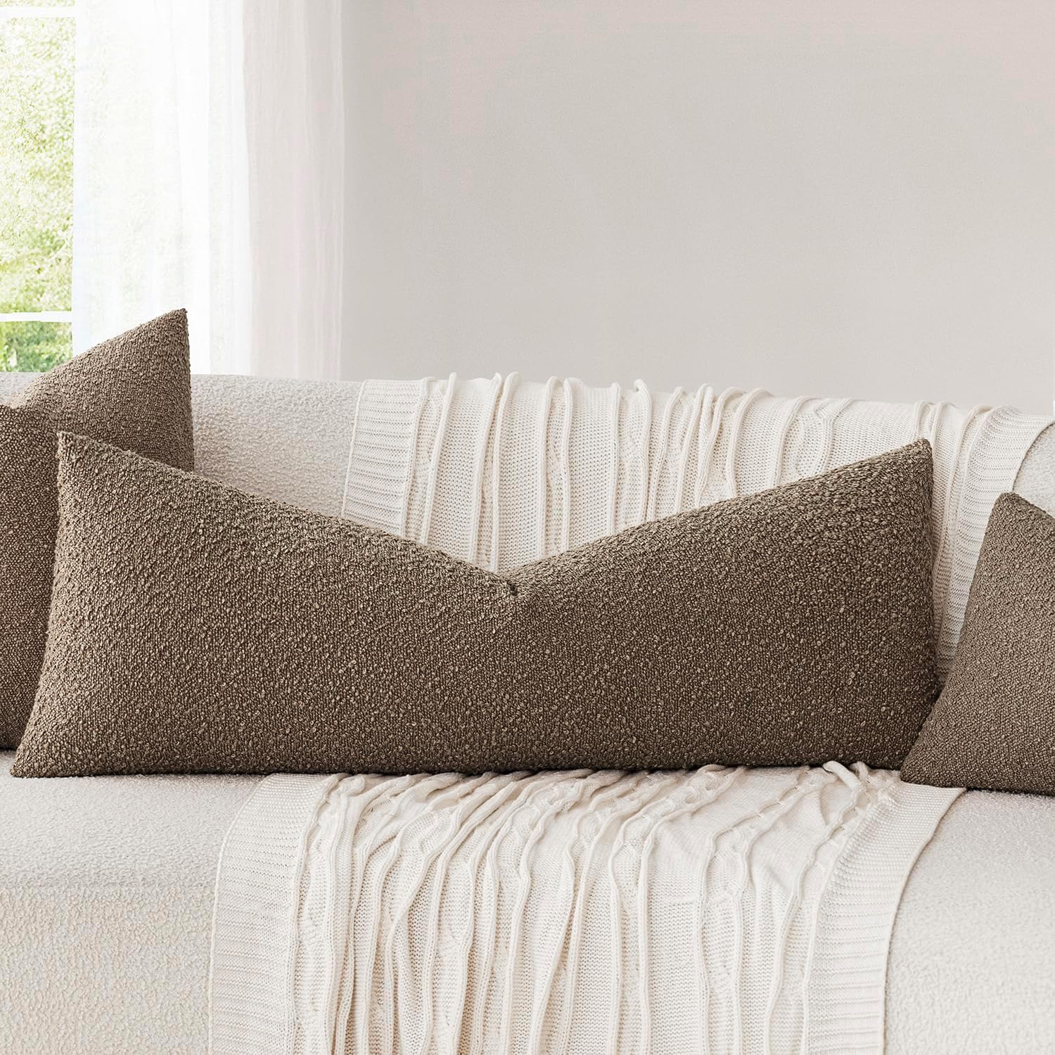 Foindtower Decorative Textured Boucle Throw Pillow Covers Accent Solid Pillow Cases Neutral Long Body Lumbar Couch Cushion Case for Chair…