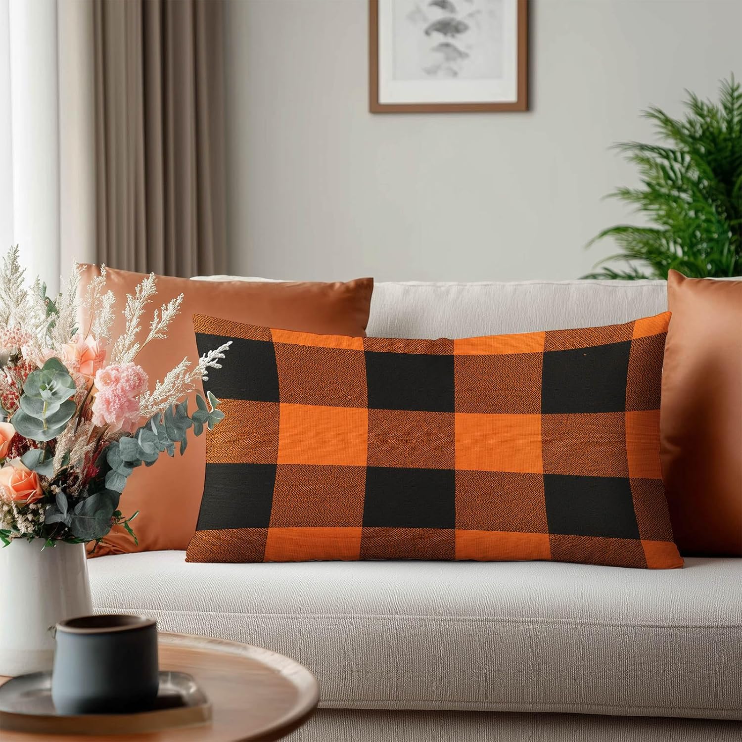 HOMETITUTE Pillow Covers Decorative Pack of 2 Satin 12x20 Inch Orange Black Buffalo Plaid Art Lumbar Throw Pillow Cases for Sofa Couch…