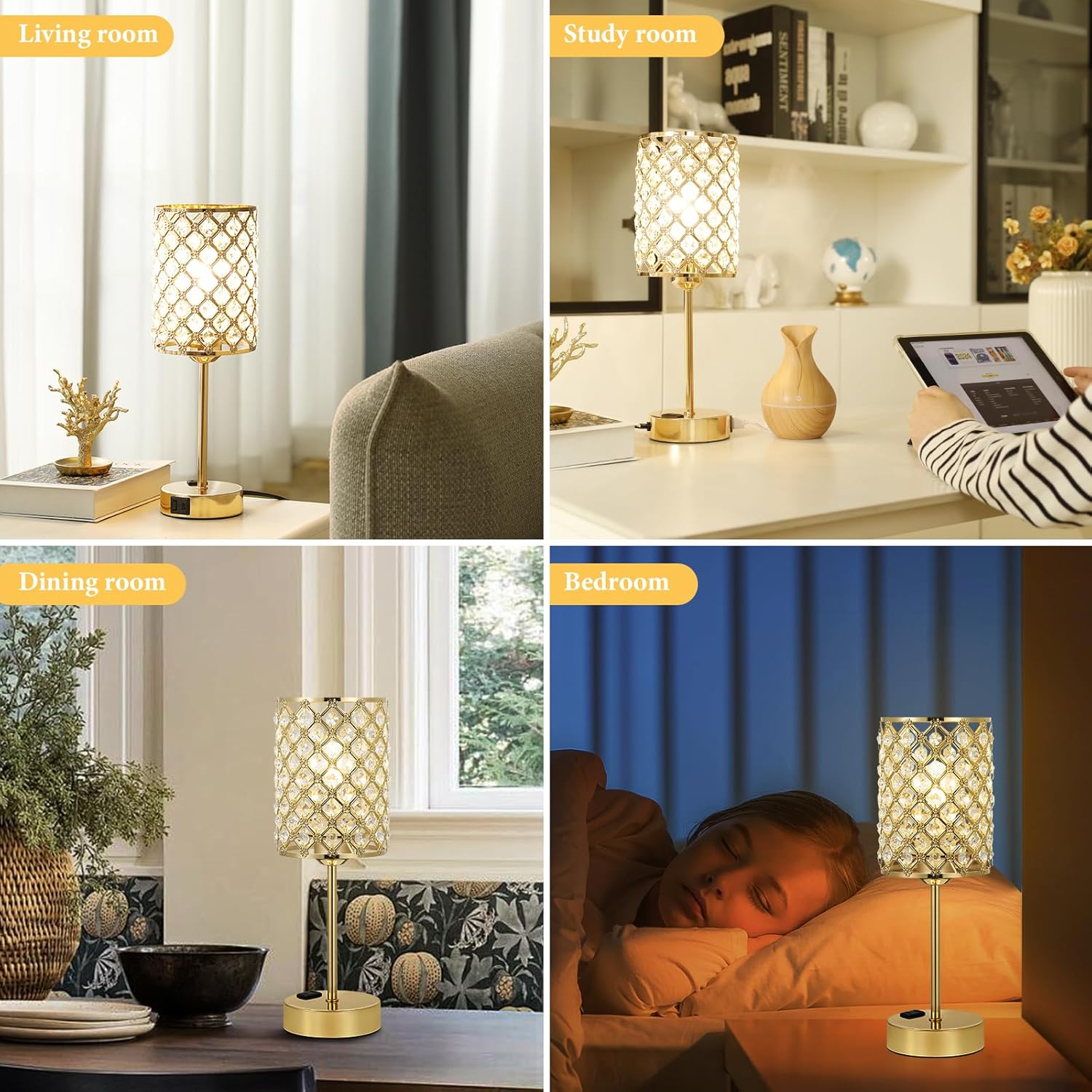 Touch Control Crystal Table Lamp-Dimmable Nightstand Lamp with USB-C+A & AC Charging Ports, 3-Way USB Gold Lamp, Bedside Desk Light for…