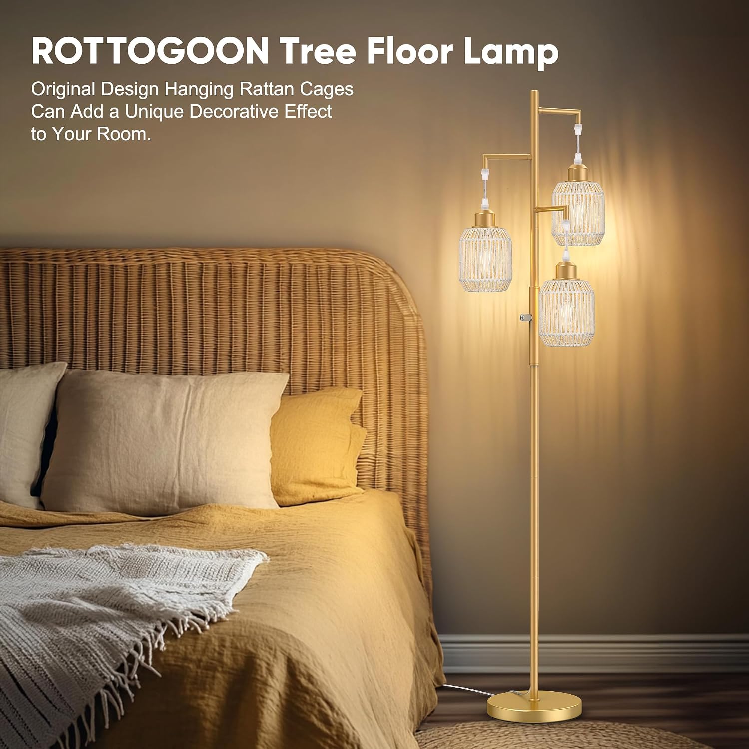 ROTTOGOON Dimmable Boho Floor Lamp - 3 Light Farmhouse Rattan Floor Lamp for Living Room, Industrial Tree Floor Lamps with 3 X 6W LED…