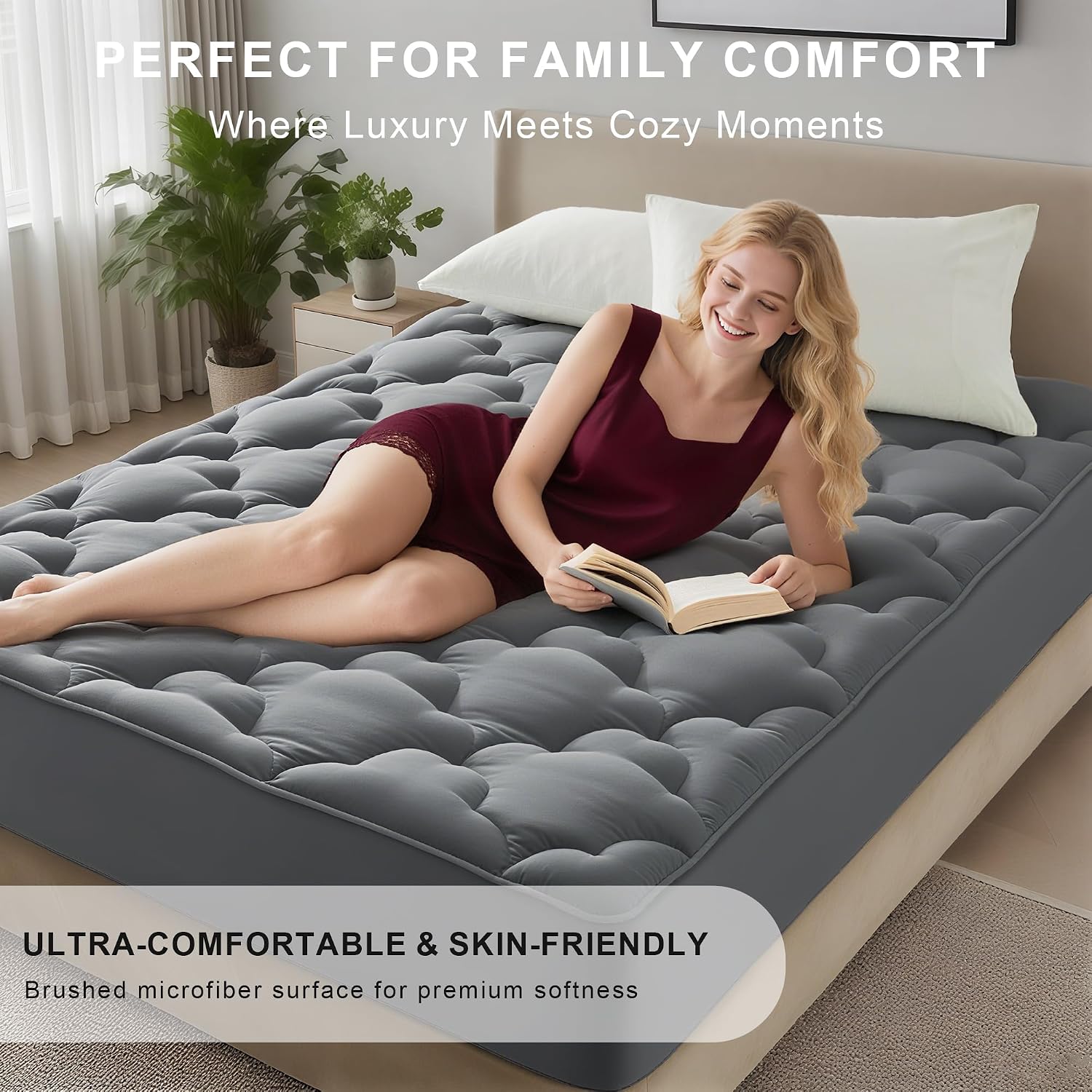 Wqspring Quilted Mattress Pad Pillow Top Mattress Cover Protector Cooling Soft for Breathable Padded Deep Pocket 8-21 Fitted Supportive(Gra…
