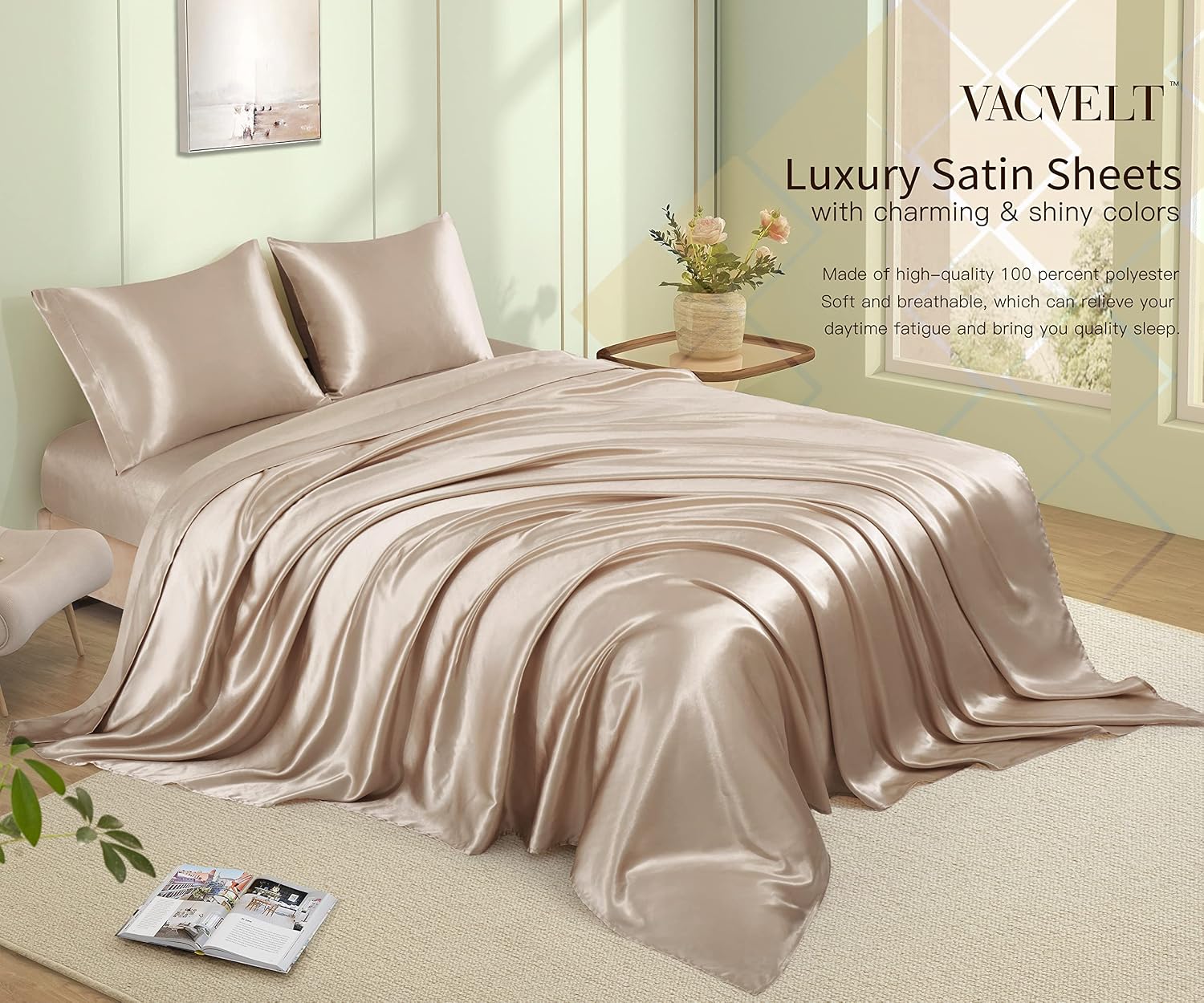 VACVELT 4pc Queen Size Beige Satin Bed Set, Deep Pocket Silky Satin Sheets, Luxury Cooling Bedding Set, 1 Fitted + 1 Flat + 2 Pillowcases