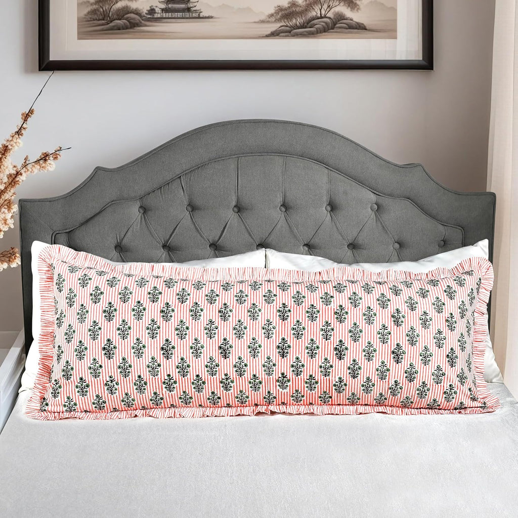 Ridhi Salmon Blossom Stripe 100% Cotton Block Print Ruffle Sham Cover 20x54 Set of 1 Floral Pillowcase, Farmhouse Cottagecore Bedding…