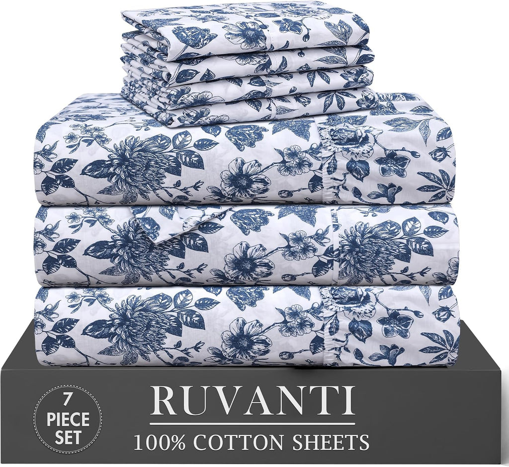 Ruvanti 7 Pcs Cotton Sheets - 100% Natural Cotton Soft, Lightweight & Breathable Crispy Percale Bed Sheets, Split King Sheets for Adjustabl…