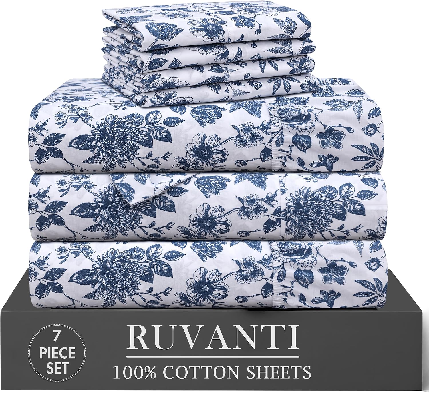 Ruvanti 7 Pcs Cotton Sheets - 100% Natural Cotton Soft, Lightweight & Breathable Crispy Percale Bed Sheets, Split King Sheets for Adjustabl…