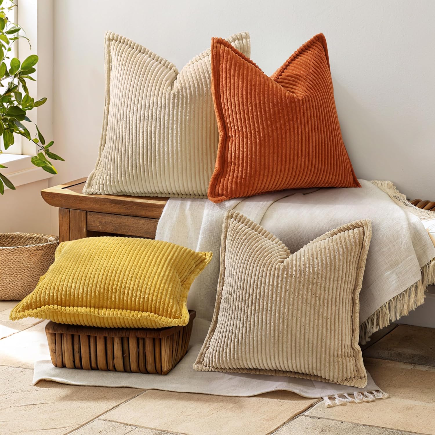 decorUhome Summer Corduroy Rust Throw Pillow Covers 20x20 Set of 2 Decorative Soft Boho Farmhouse Couch Pillow Covers for Living Room Bed S…