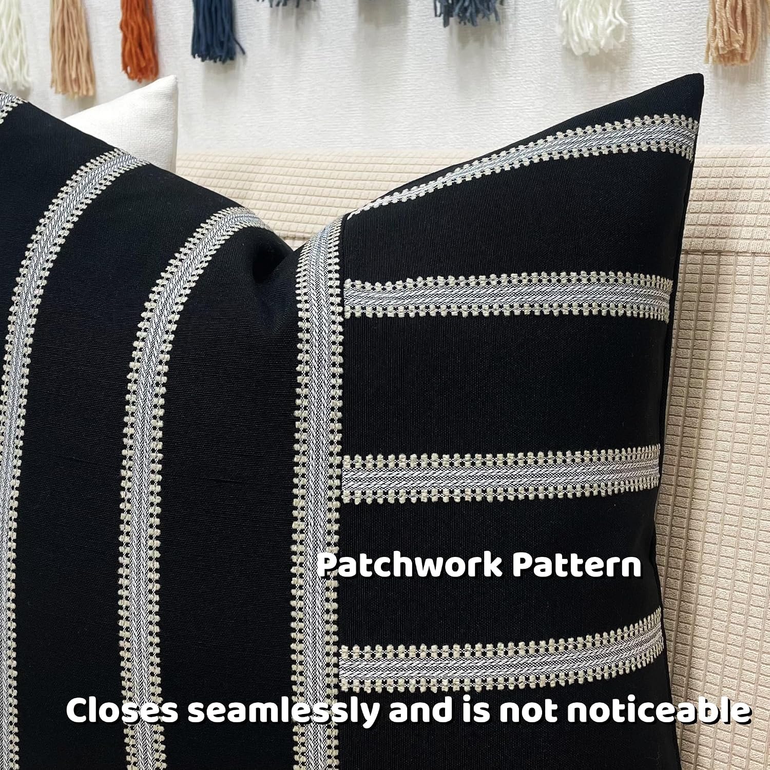 Slow Cow Linen Black and Off White Jacquard Textured Woven Stripe Patchwork Throw Pillow Cover Square 18 x 18 Inches