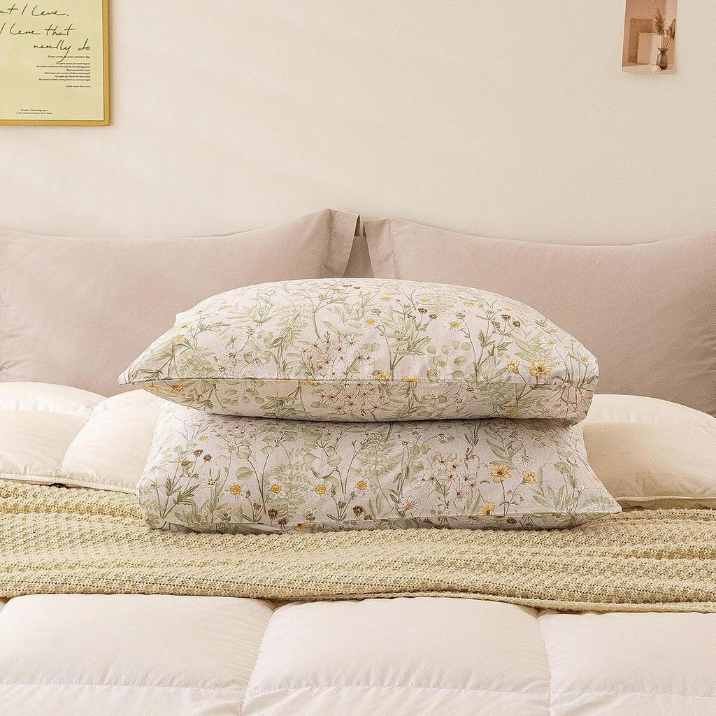 ECOCOTT Floral Pillowcases Standard Size 2 Pack, 100% Washed Cotton Pillow Cases with Envelope Closure, Green Botanical Wildflower…