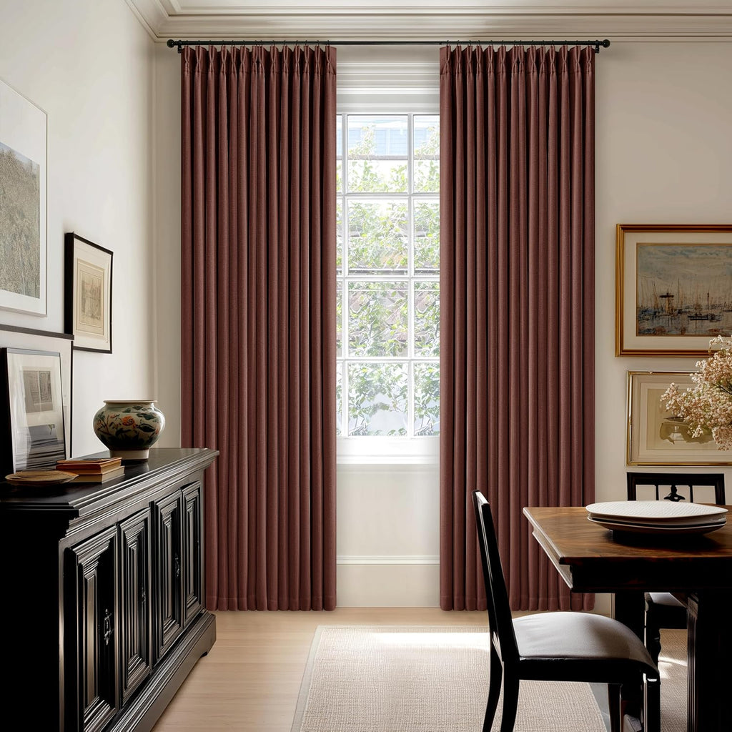 Twodrapes Chestnut Brown Pleated Linen Blackout Curtains 84 Inches Long for Bedroom Living Room Pinch Pleat Black Out Thermal Insulated Rin…