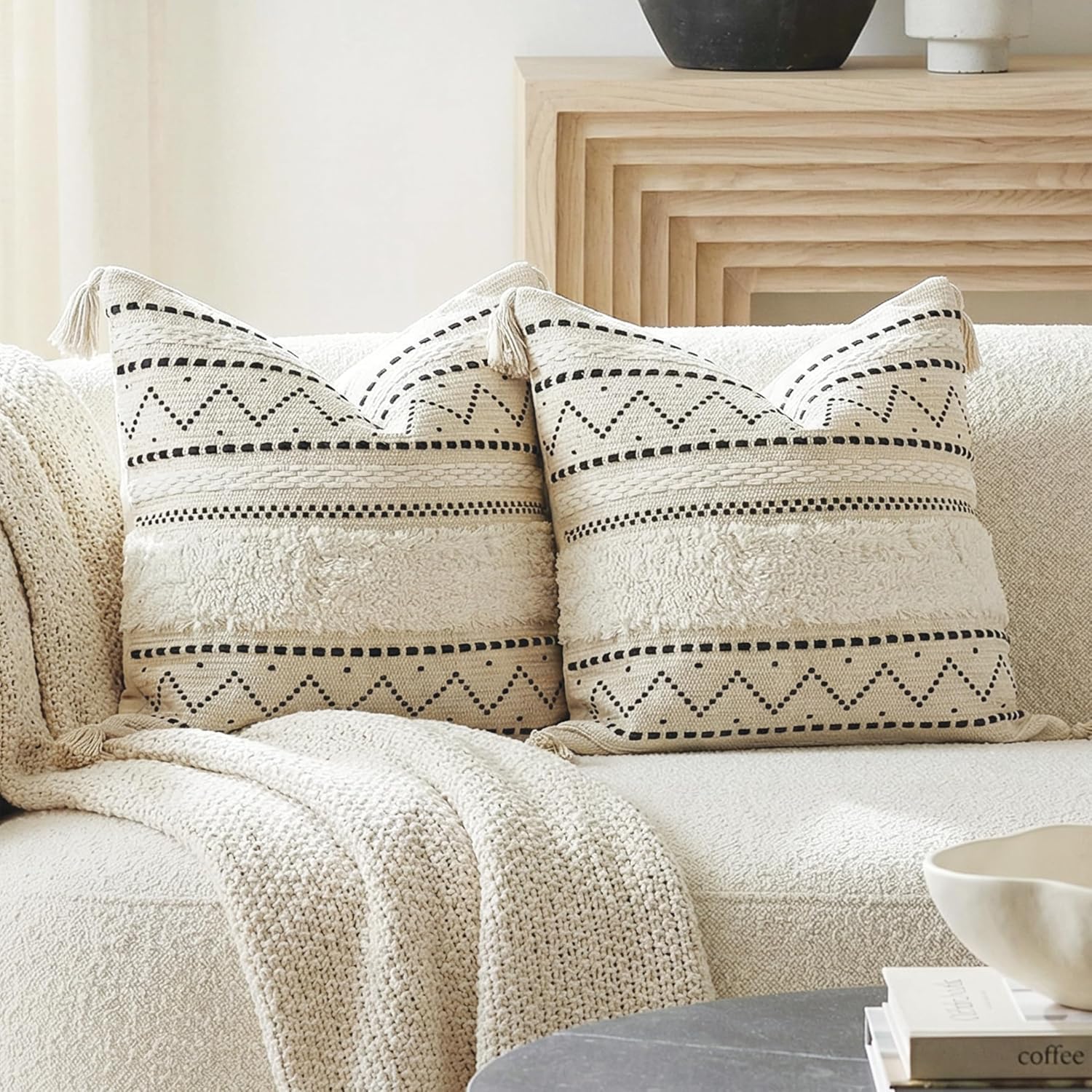 BlissBlush Decorative Throw Pillow Covers 18x18 Combo Set of 2 Square Boho Black Neutral Accent Pillowcase Tassels Farmhouse Cushion for…