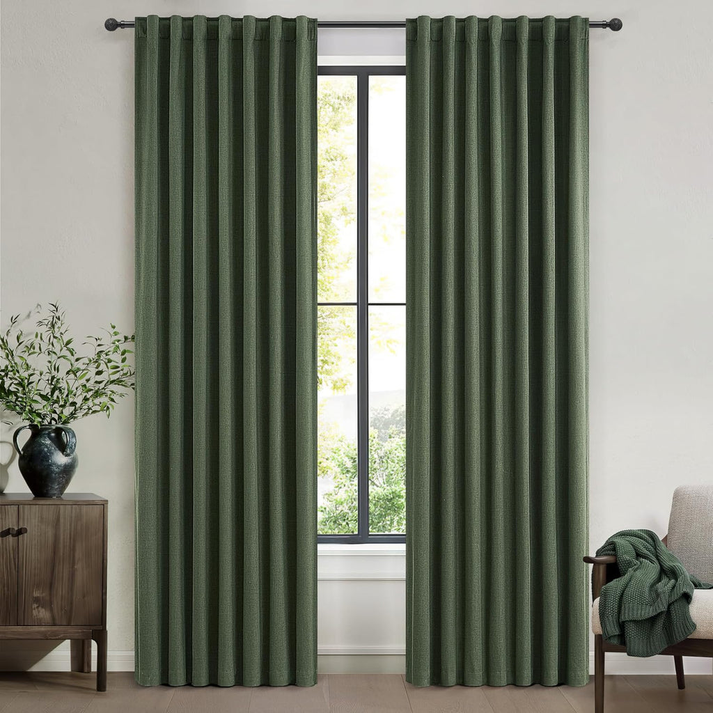 Qjmydeco Black Out Curtains for Bedroom Aesthetic 104 Inch Windows, 105 Inches Length Linen Room Darkening Olive Green Canvas Look Classroo…