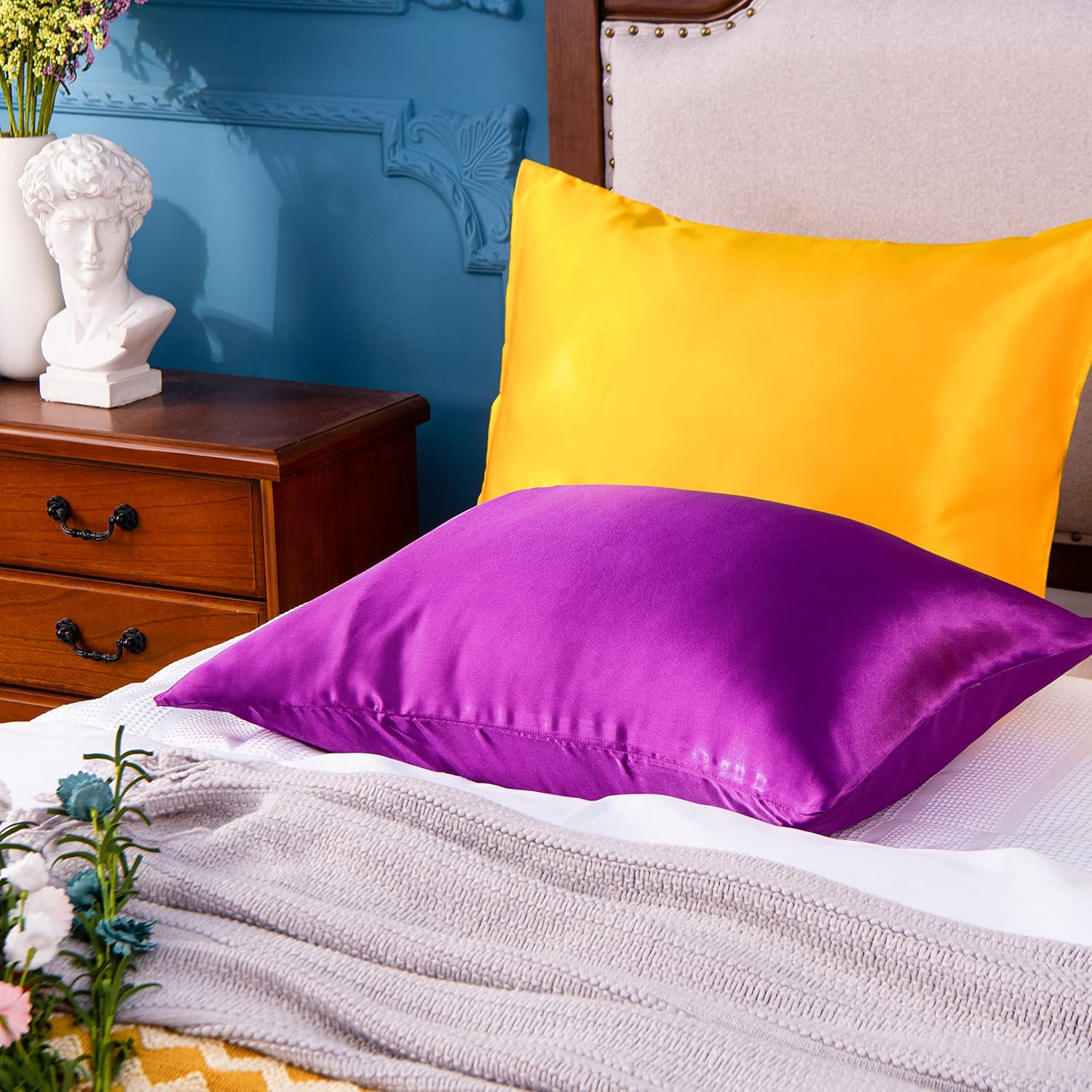 Ntbay 2 Pack Satin Standard Pillowcases for Hair and Skin, Luxurious and Silky Pillow Cases with Envelope Closure, 20x26 Inches, Purple 2 P…