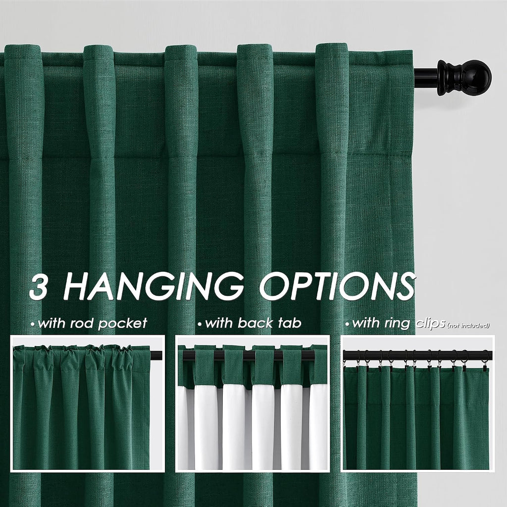 Nanspring Dark Green 100% Blackout Linen Curtains for Bedroom 90 Inches Long Back Tab Thermal Insulated Vintage Boho Decor Black Out Curtai…