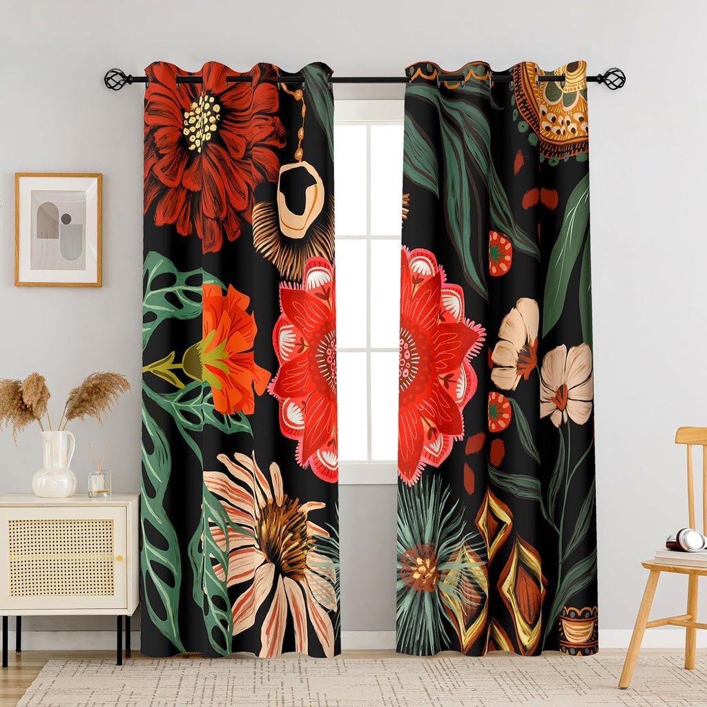 Tyrot Black Boho Floral 100% Blackout Curtains for Living Room 96 inch Long 2 Panels Mid Century Botanical Black Out Curtains for Bedroom…
