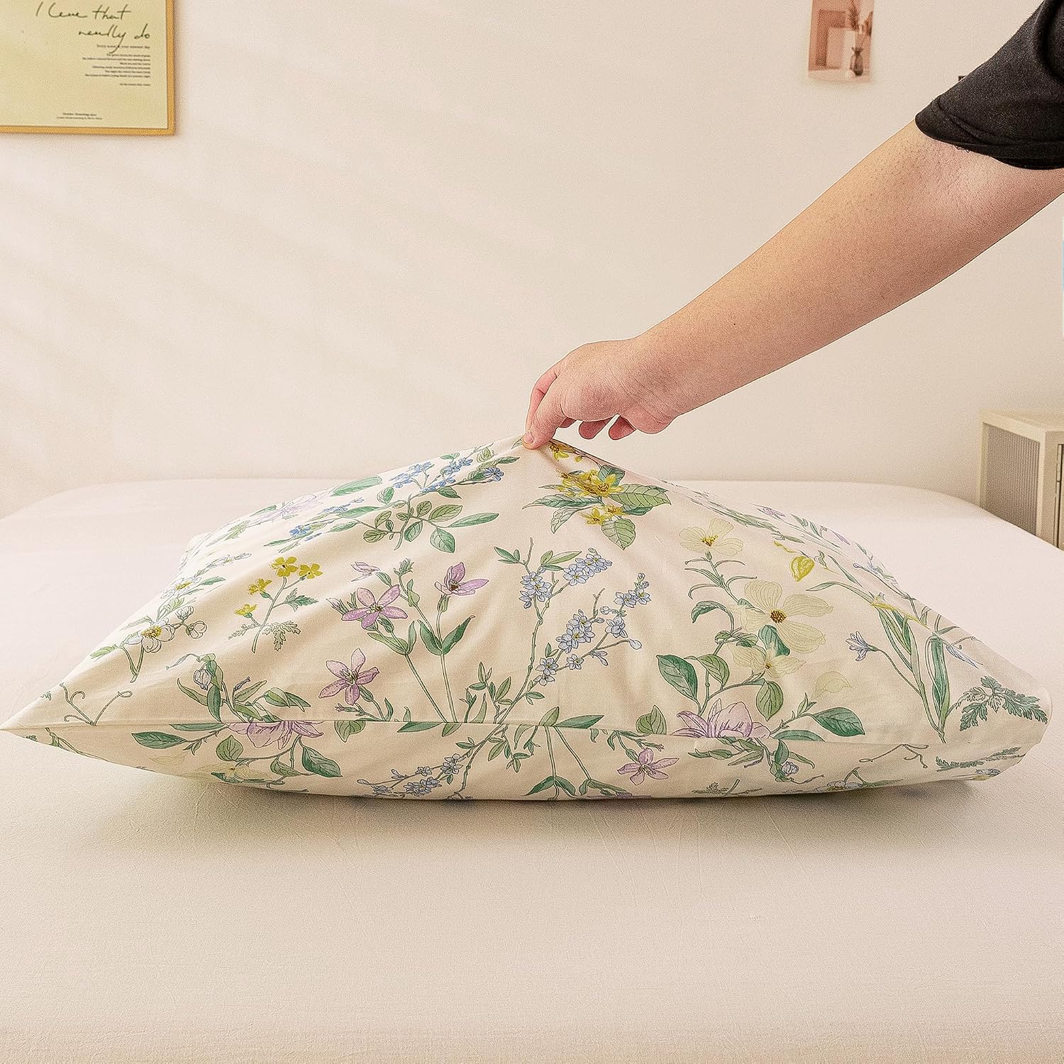 ECOCOTT Floral Pillowcases King Size Set of 2, 100% Washed Cotton Pillow Cases with Envelope Closure, Botanical Wildflower Printed Pillow…