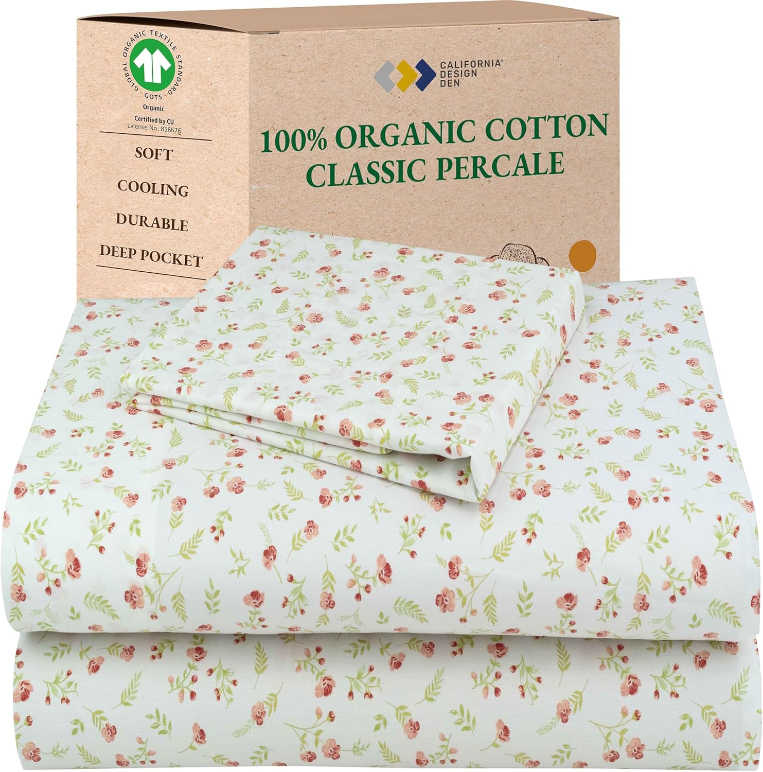 CaliforniaDesignDen California Design Den Twin Floral Sheet Set, 100% Organic Cotton Percale Sheets, Deep Pocket Twin Sheets & Pillowcase S…