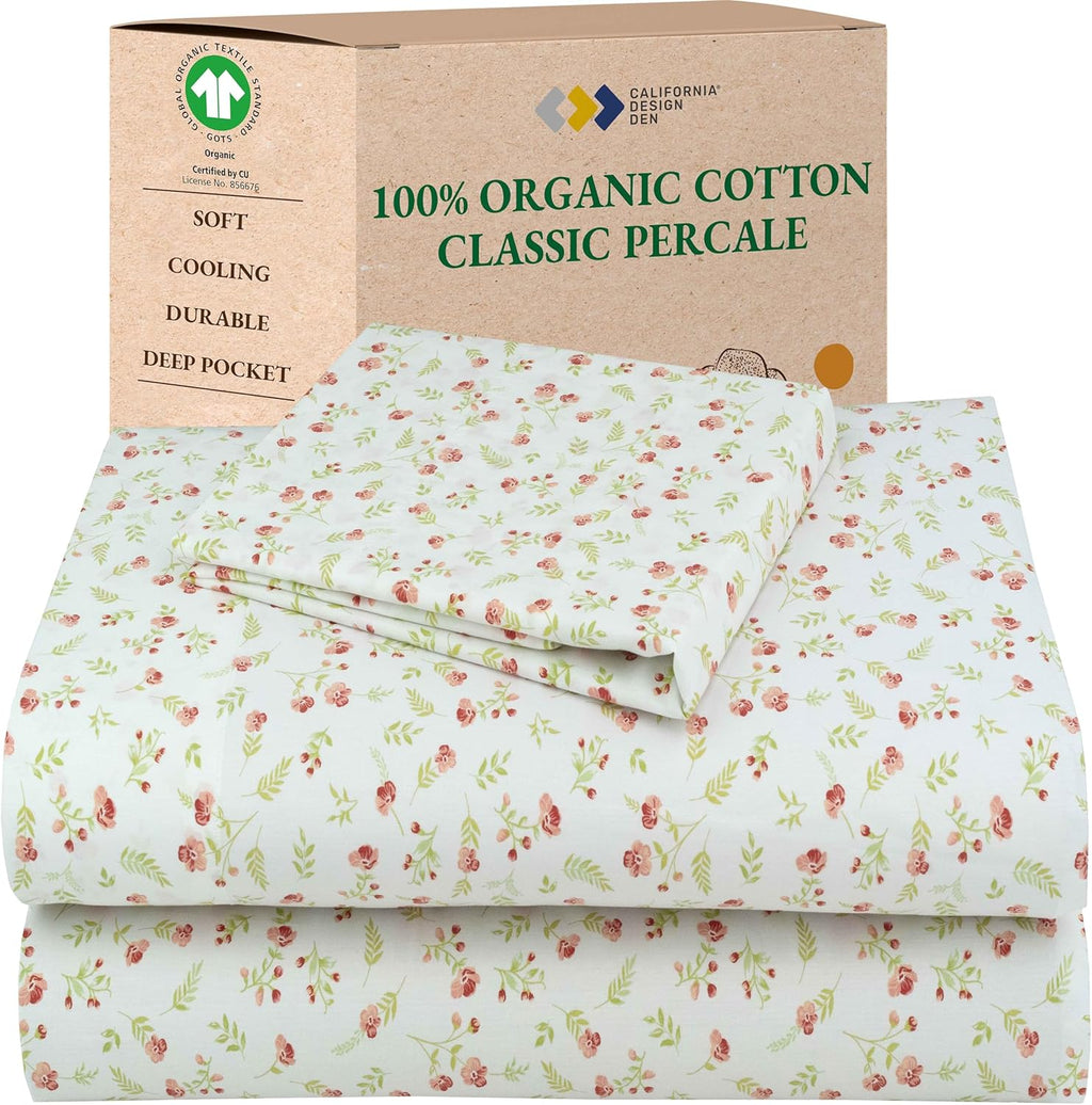 CaliforniaDesignDen California Design Den Twin XL Floral Bed Sheet, 100% Organic Cotton Percale Sheets, Deep Pocket Twin XL Sheets & Pillow…