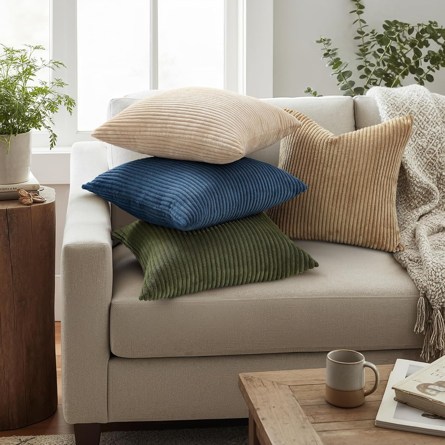 Mecatny Corduroy Summer Decorative Throw Pillow Covers 18x18 Set of 2 for Sofa Living Room, Soft Neutral Boho Couch Pillow Covers for…