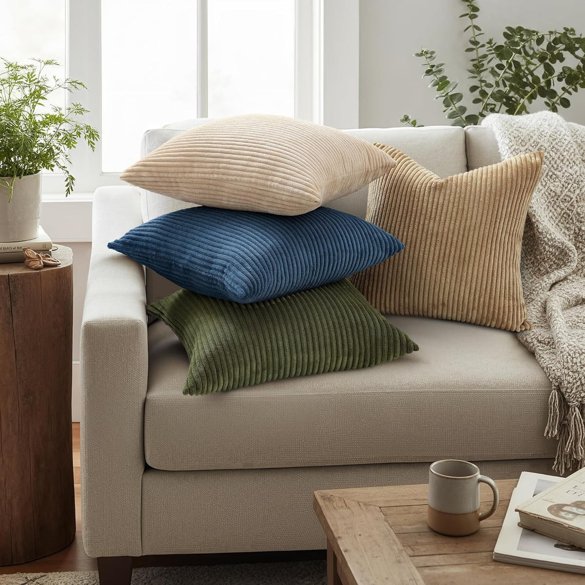 Mecatny Corduroy Summer Decorative Throw Pillow Covers 12x20 Set of 2 for Sofa Living Room, Soft Neutral Boho Couch Pillow Covers for…