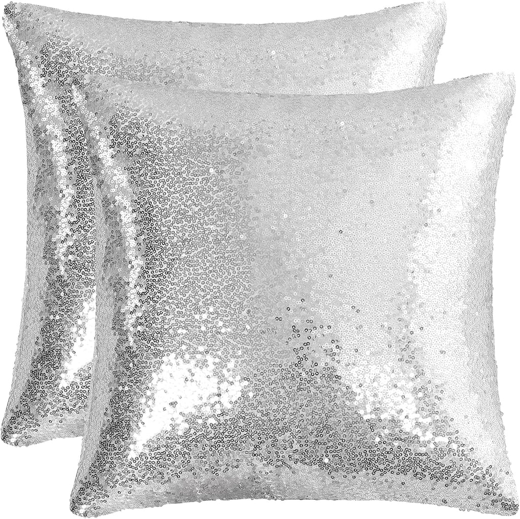 uxcell 2 Pcs Silver Tone Sequin Throw Pillow Covers, Shiny Sparkling Comfy Satin Sequin Cushion Covers, Decorative Pillowcases for…