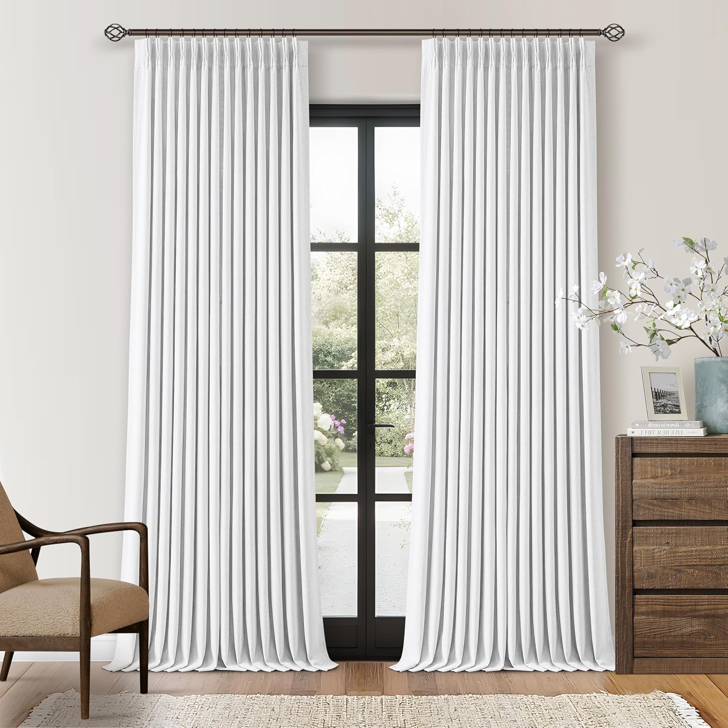 Twodrapes Neutral White Linen Pinch Pleated Blackout Curtains 108 Inches Long for Bedroom Pleated 100% Black Out Drapes with Liner Off Whit…