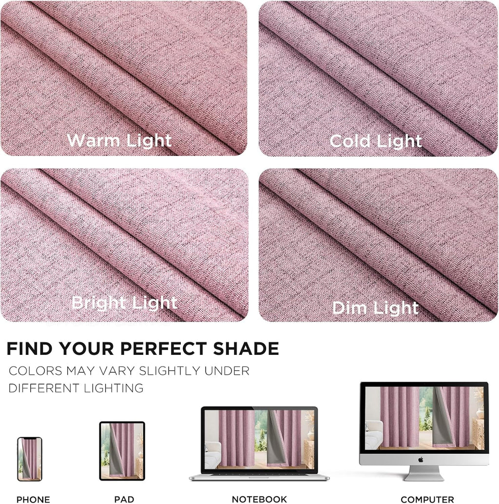 Joydeco Linen Blackout Curtains for Bedroom - 100% Light Blocking 1 Panels, Pink Drapes 100" W x 96" L, Thermal Insulated Room Darkening Cu…