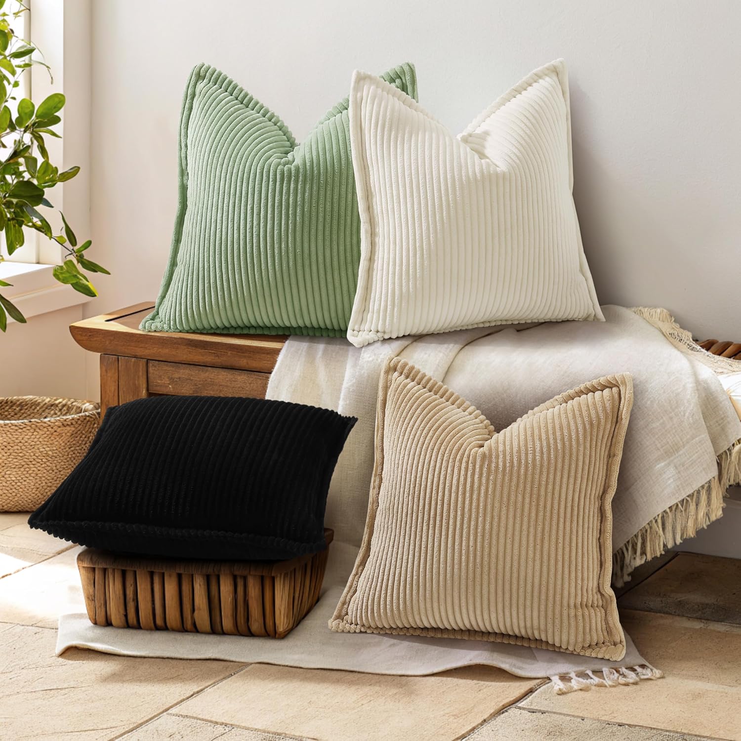 decorUhome Summer Corduroy Black Euro Sham Throw Pillow Covers 26x26 Set of 2 Decorative Soft Boho Farmhouse Couch Pillow Covers for Living…