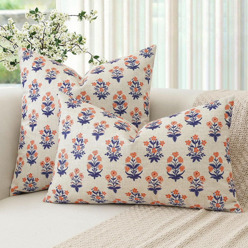 OTOSTAR Floral Print Pillow Covers 16x24 Inch Pack of 2 Double-Sided Navy Blue Orange Flower Lumbar Throw Pillow Covers Farmhouse Rustic…