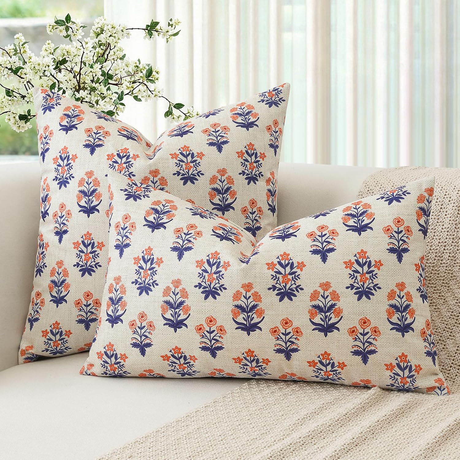 OTOSTAR Floral Print Pillow Covers 16x24 Inch Pack of 2 Double-Sided Navy Blue Orange Flower Lumbar Throw Pillow Covers Farmhouse Rustic…