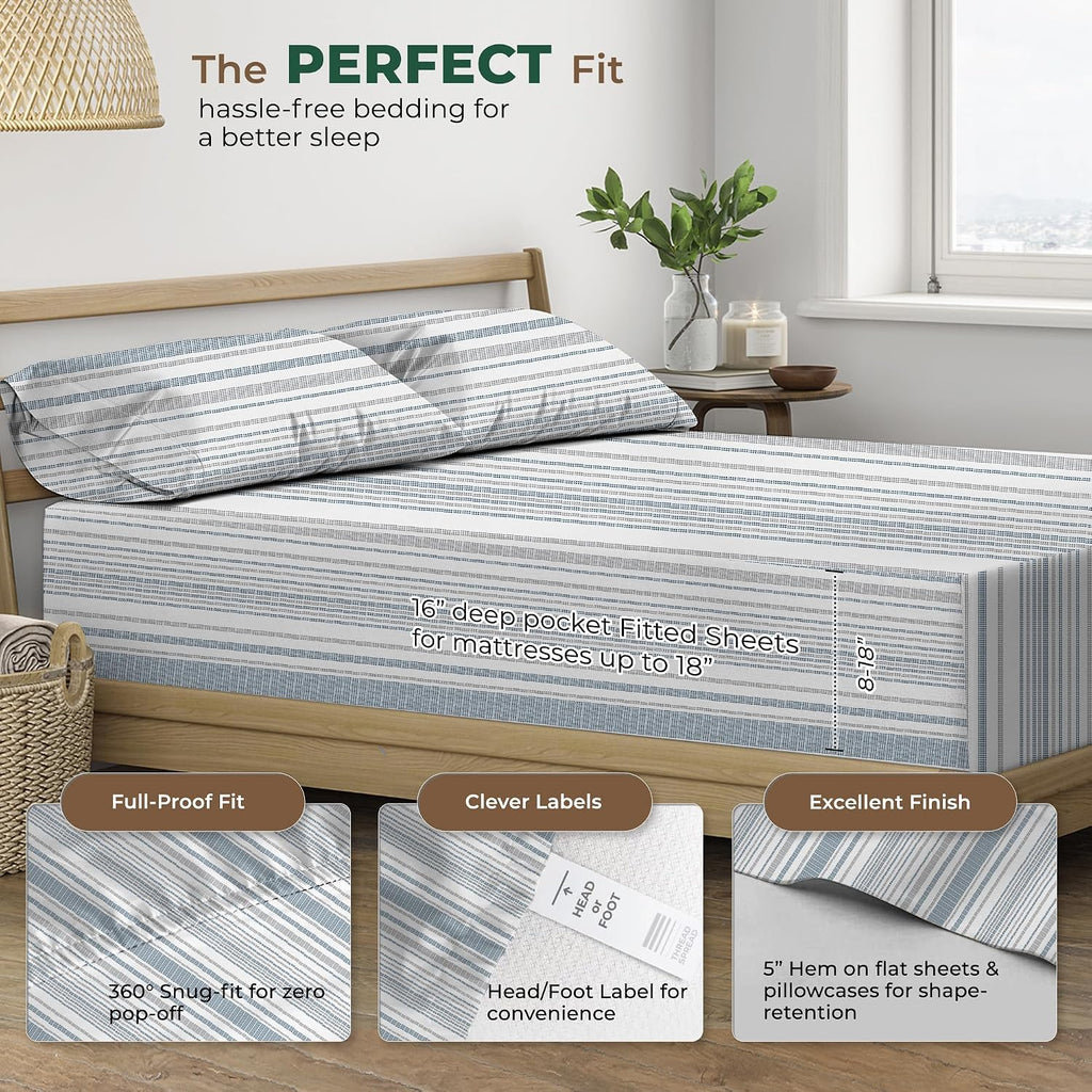 THREAD SPREAD 100% Organic Cotton Sheets Full Size - Organic Cotton Full Size Percale Sheet Set (4 PC, Dotted Stripe), Soft, Cooling…