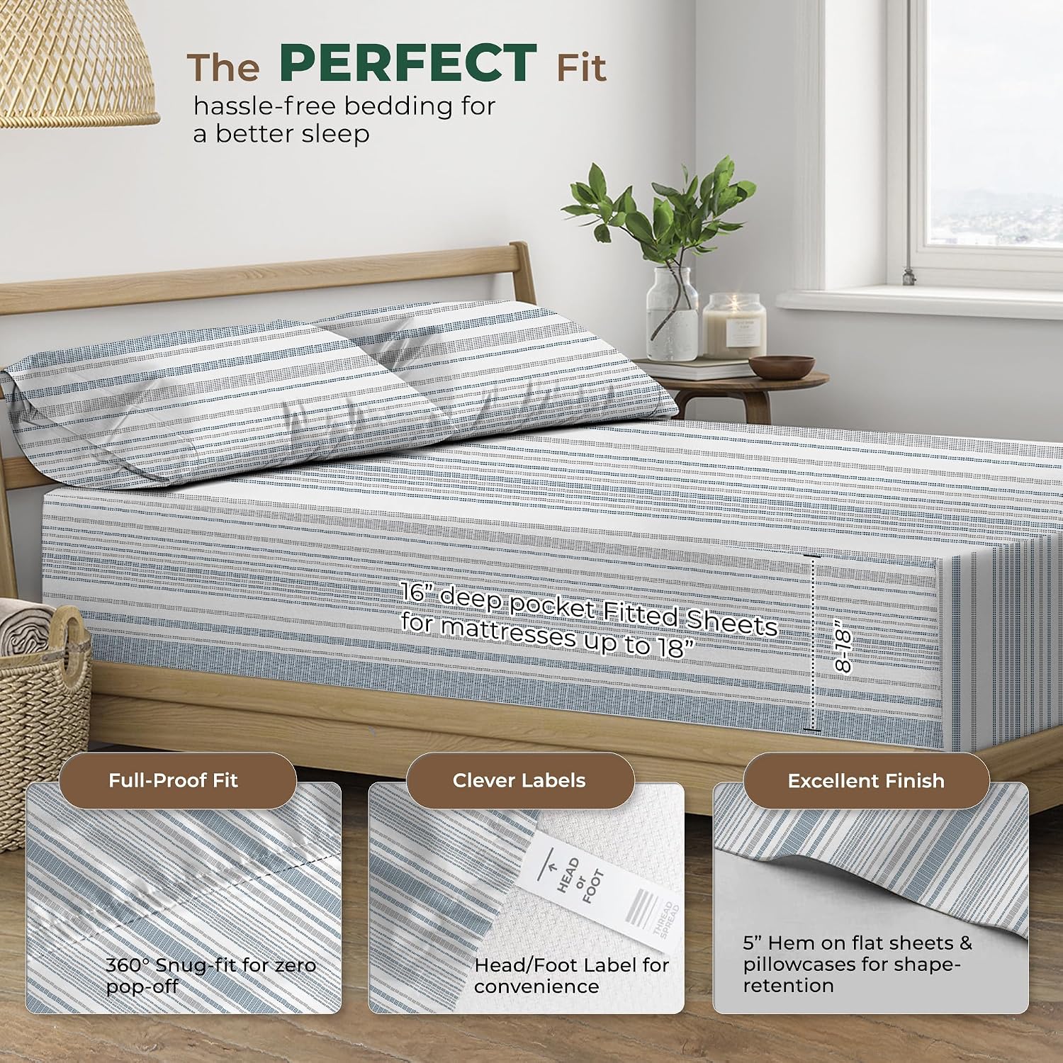 THREAD SPREAD 100% Organic Cotton Sheets Full Size - Organic Cotton Full Size Percale Sheet Set (4 PC, Dotted Stripe), Soft, Cooling…