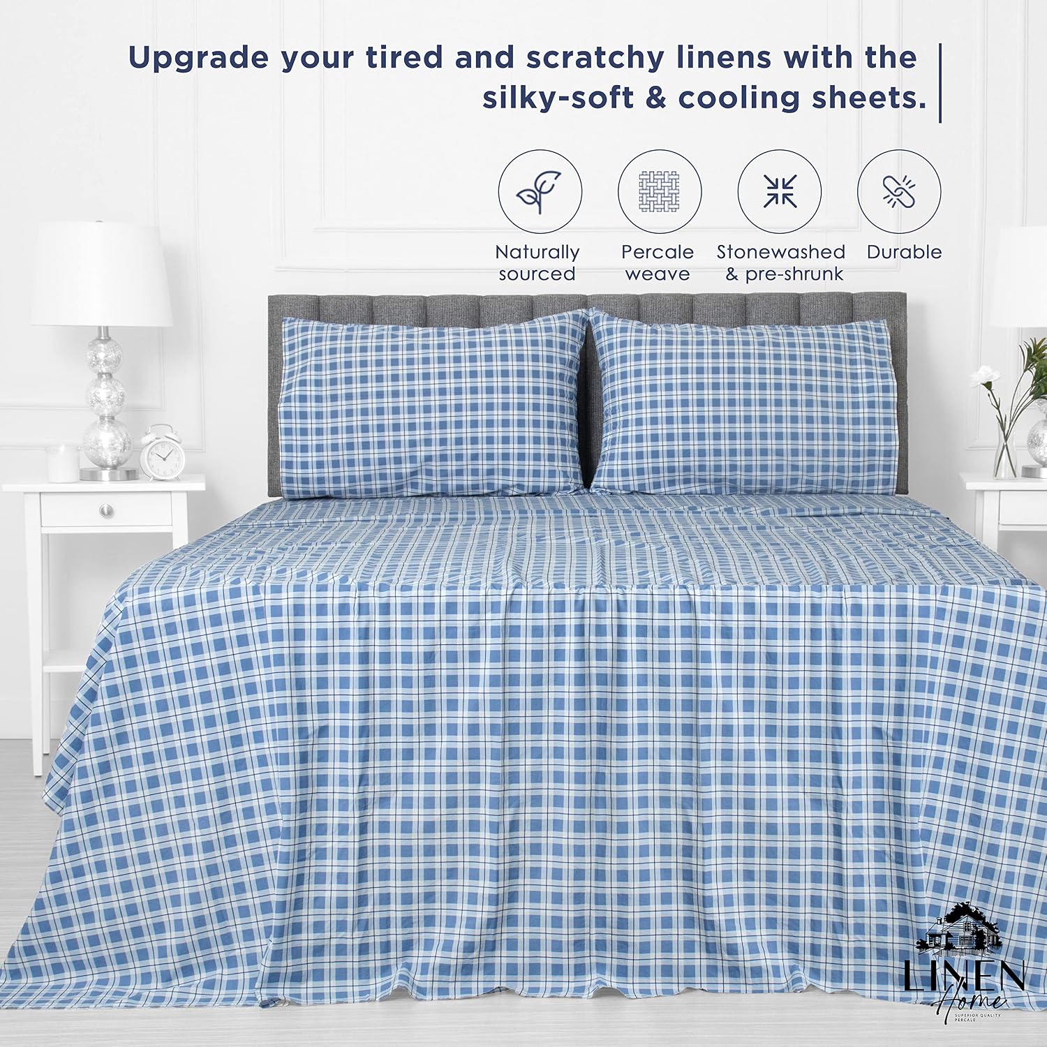 Linen Home Cotton Lyocell Blend Percale Sheet Set Full Size - 4 Piece Deep Pocket Bedding, Pre-Washed & Shrunk, Crisp Cooling Fabric…