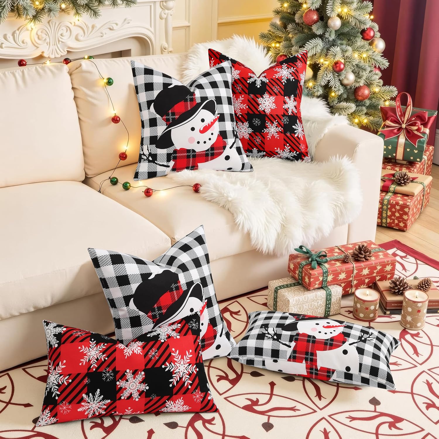 decorUhome Summer Black and Red Snowflake Linen Decorative Throw Pillow Covers 16x16 Set of 2 Buffalo Plaid Check Farmhouse Gingham Cushion…