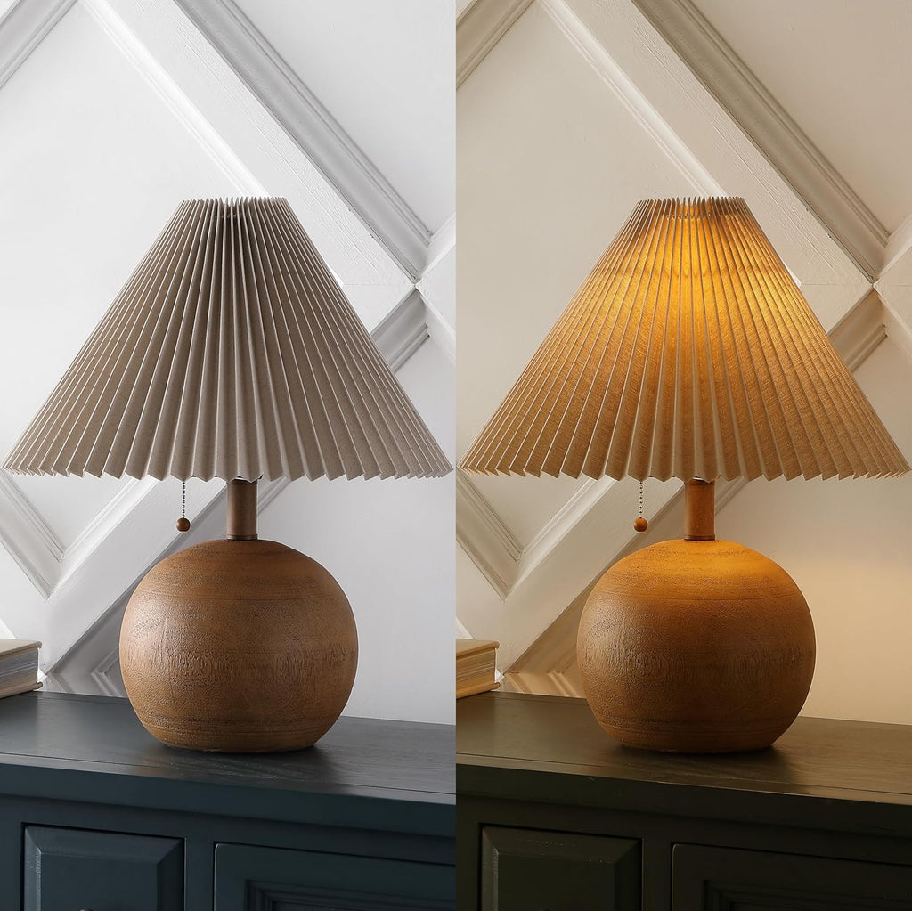 Jonathany JONATHAN Y 17.25" Brown Wood Finish Sphere Table Lamp, Mid-Century Bedside Nightstand with Beige Pleated Linen Shade, Scandinavia…