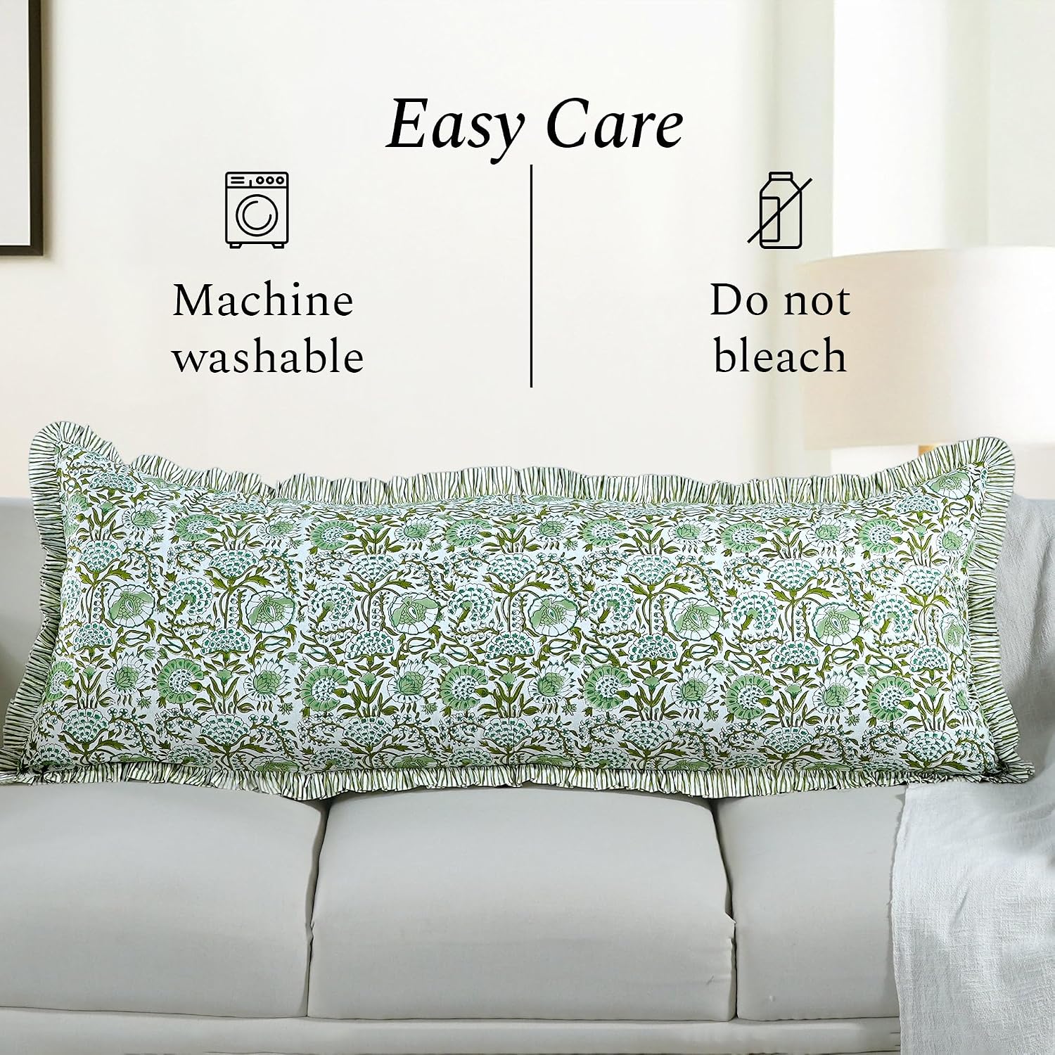 Cottonprintclub CPC Hand Block Print Agate Green Ruffle Sham Pillow Cover 54" x 20" inch Hidden Zipper Decorative Pillowcase for Couch, Bed…