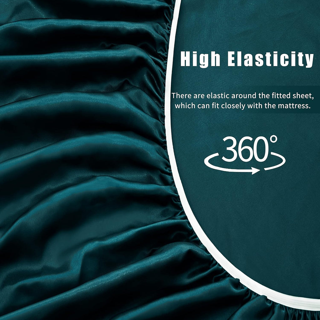 VACVELT 4pcs Dark Teal Satin Sheets Full Size Bed Set, 15 Inch Deep Pocket Silky Satin Sheet Set, Soft Satin Bedding Set Cooling & Luxury…