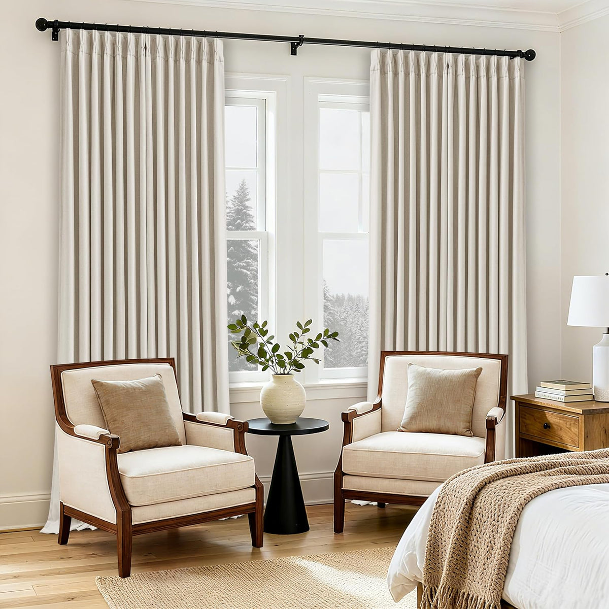 Twodrapes 80 Inch Pinch Pleated Linen Black Out Curtains 2 Panels for Bedroom Living Room Cream 100% Blackout Curtains 80 Inches Long Pinch…