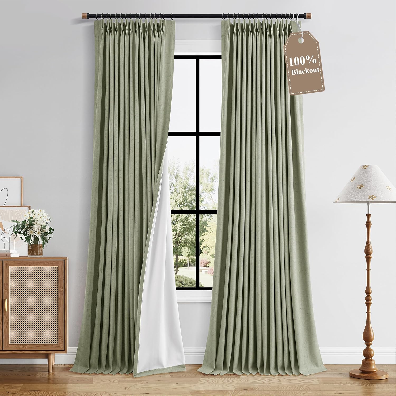 Boodii Sage Green 96 Inch 100% Blackout Linen Pinch Pleated Curtains for Bedroom Living Room 2 Panels Set Room Darkening Farmhouse Boho Bac…