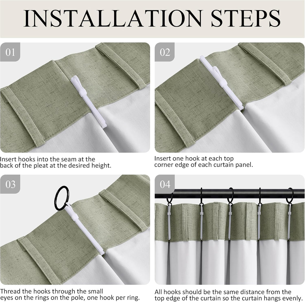 Boodii Sage Green 100% Blackout Linen Pinch Pleated Curtains for Bedroom 84 Inch Length Room Darkening Back Tab Window Curtain 84 Inches Lo…