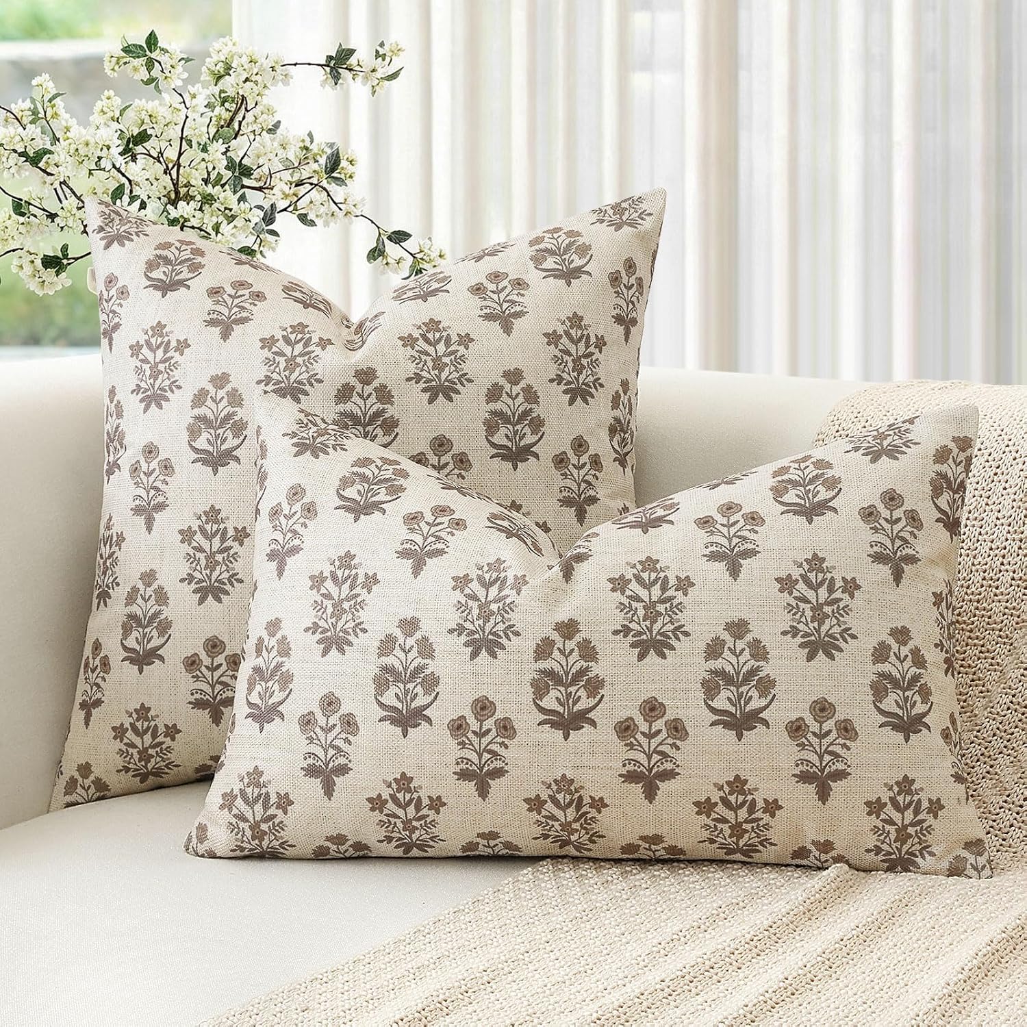 OTOSTAR Floral Print Pillow Covers 18x18 Inch Pack of 2 Double-Sided Brown Flower Square Throw Pillow Covers Farmhouse Rustic Cushion…