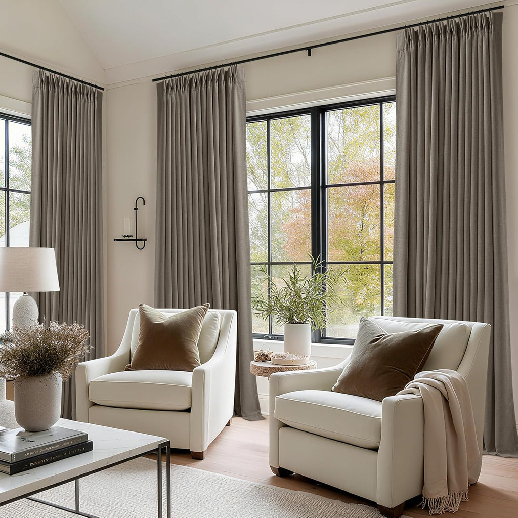 Twodrapes Dark Taupe 96 Inch Blackout Pinch Pleated Curtains 2 Panel Set for Living Room Darkening Thick Linen Textured 100% Black Out Drap…