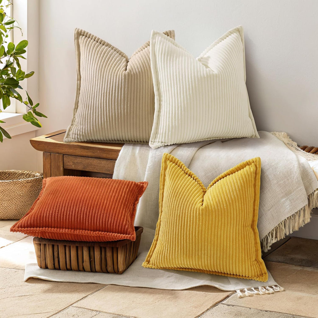 decorUhome Summer Corduroy Mustard Yellow Euro Sham Throw Pillow Covers 26x26 Set of 2 Decorative Soft Boho Farmhouse Couch Pillow Covers f…